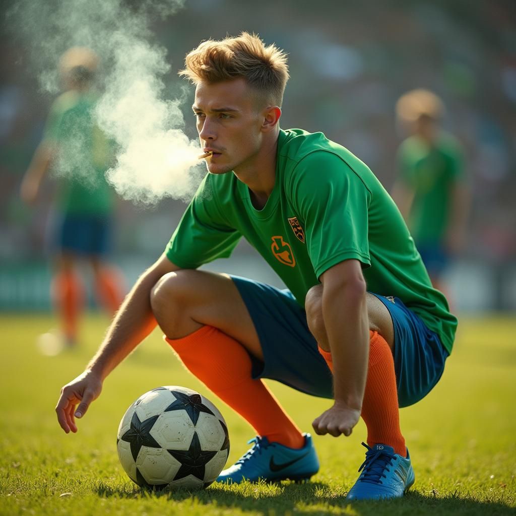 Soccer Player Smoking on Field in Cinematic Style