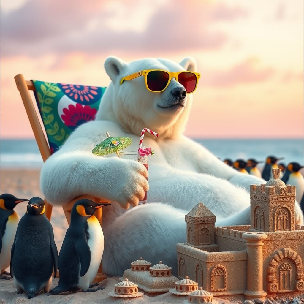 Polar Bear Beach Vacation: A Cinematic Film Still
