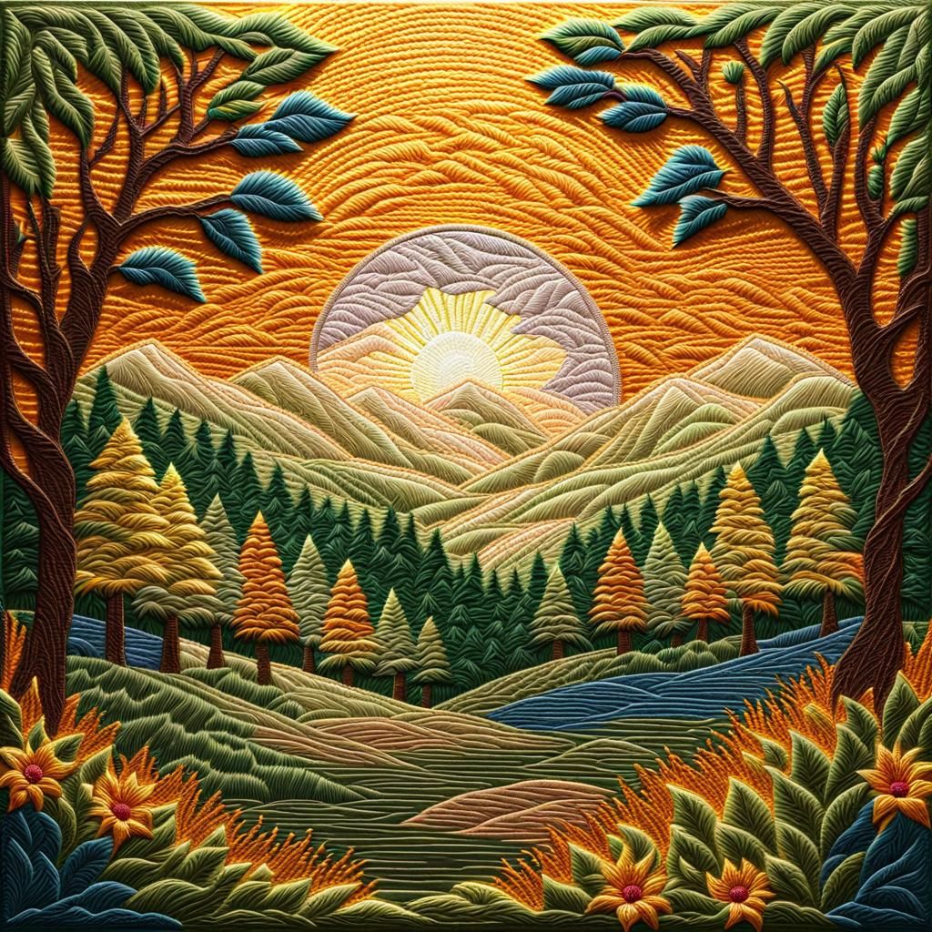 Embroidered Sunrise Over Forest in Crewelwork