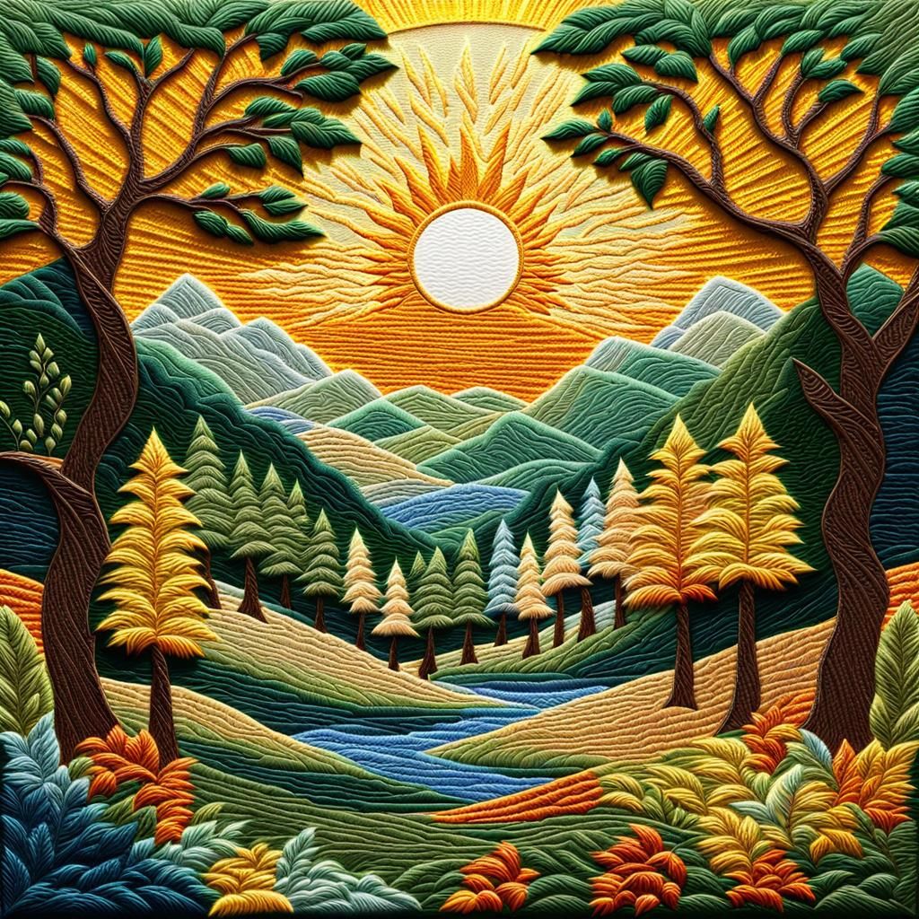 Embroidered Sunrise Over Forest in Crewelwork Style