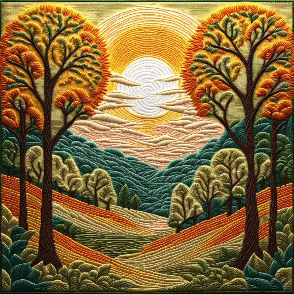 Embroidered Sunrise Over Forest in Crewelwork Style