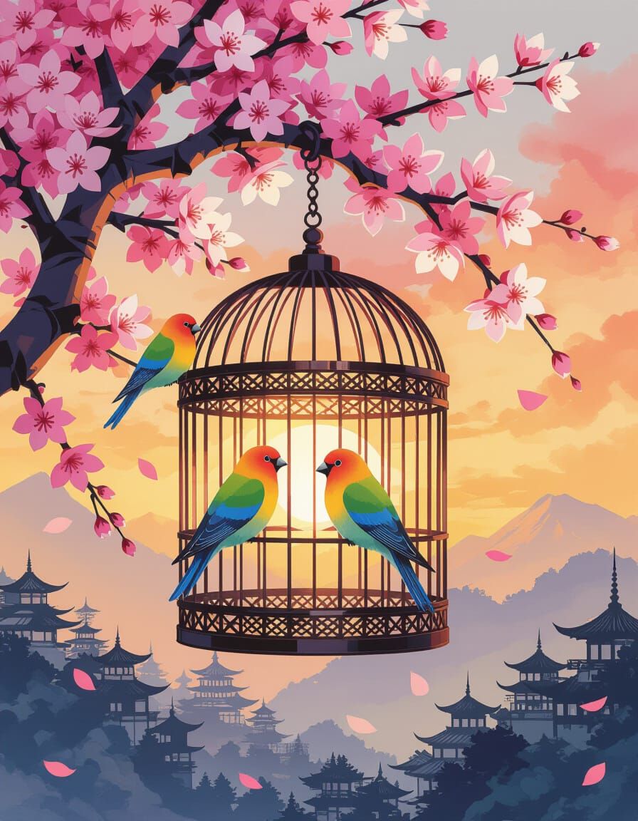 Lovebirds in Abstract Cage at Sunset, Japanese & Goth Style