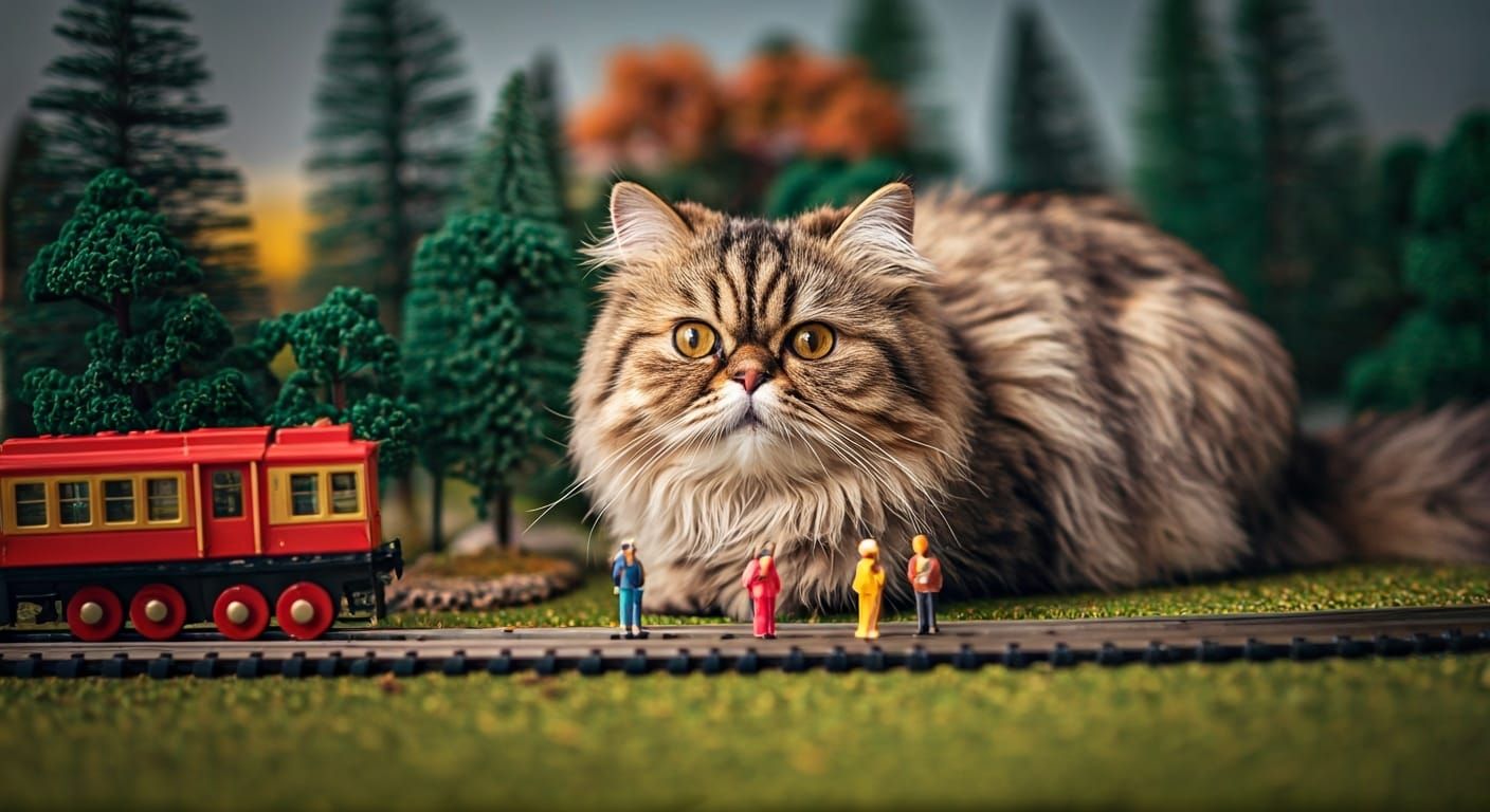 Playful Cat and Miniature Train in Cinematic Style