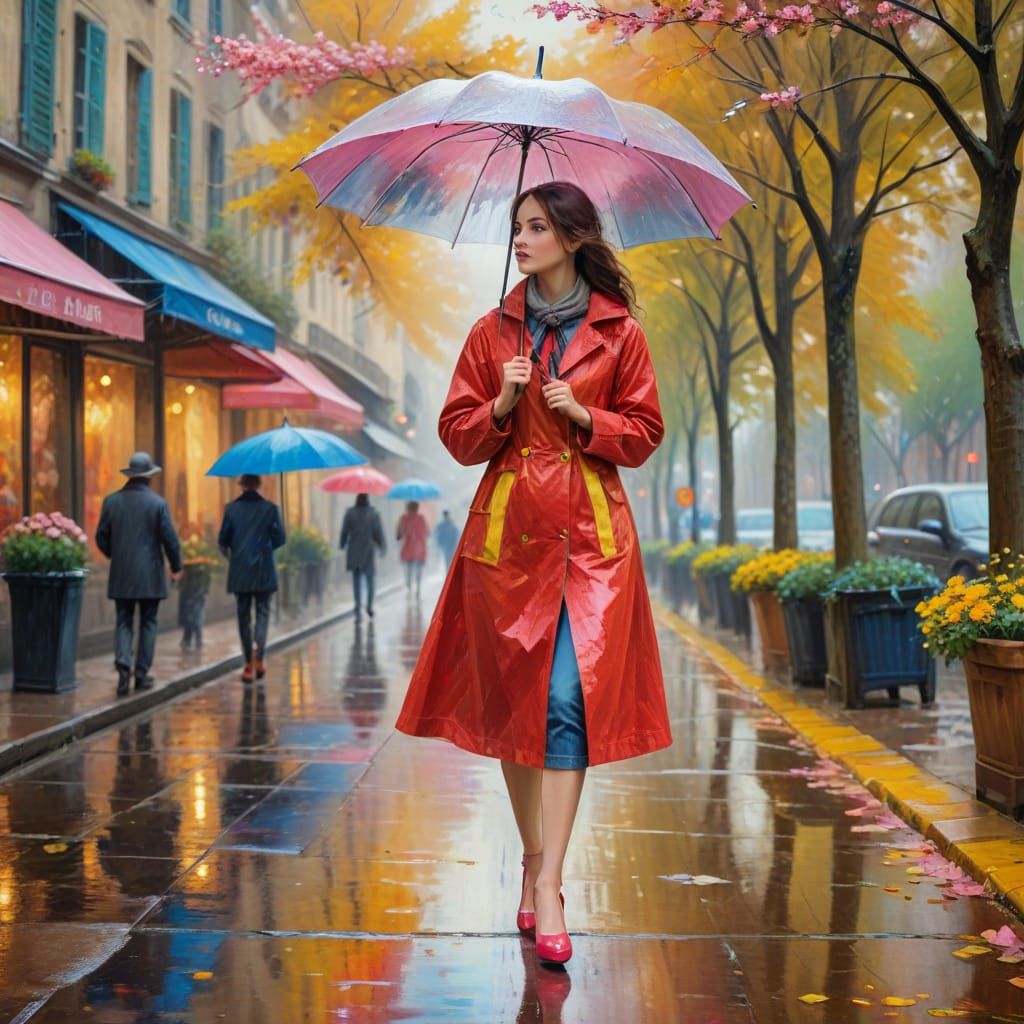 Impressionist Masterpiece of Elegant Woman in Red and Yellow...