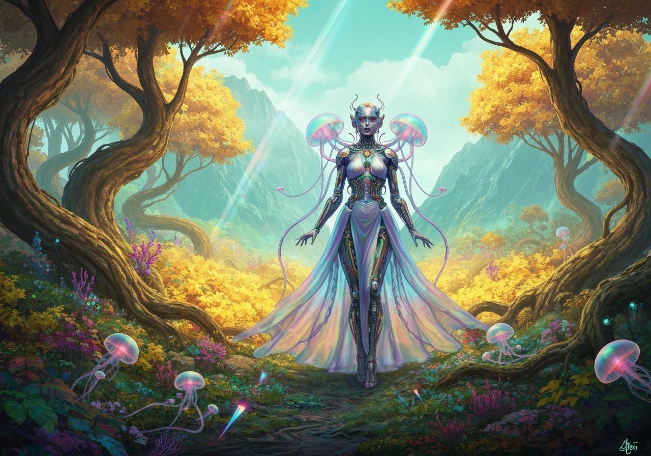 Cyborg Goddess in Lush Biopunk Forest, Hyperrealistic Style