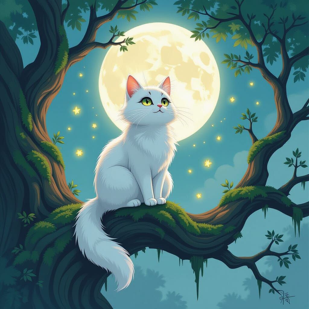 Moonlight Cat on Oak Branch with Fireflies