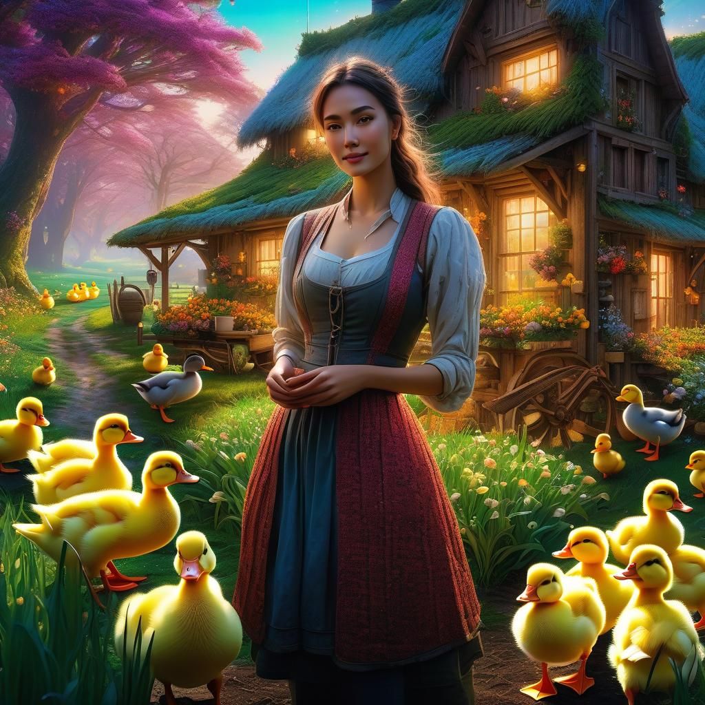 Cozy Farm Scene with Girl and Ducklings