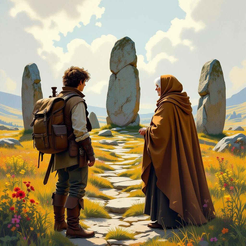 Adventurers Arrive at Ancient Stone Circle in Earthy Tones