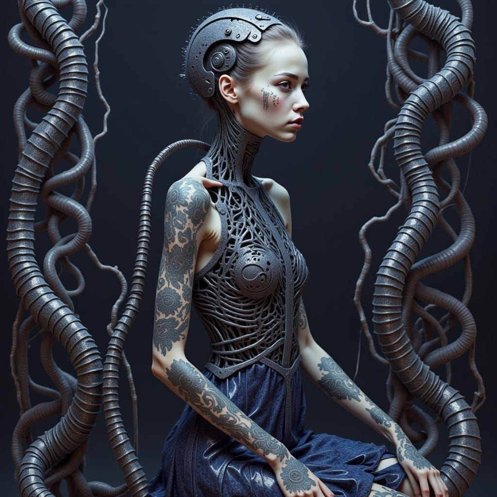 Cyborg Woman with Centipede Tattoos in Giger Style