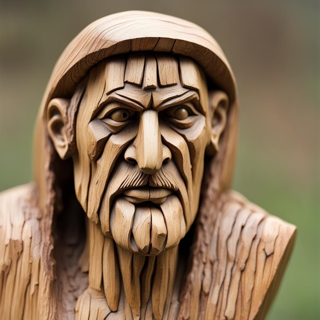 Intricate Whittled Wooden Face of an Old Man