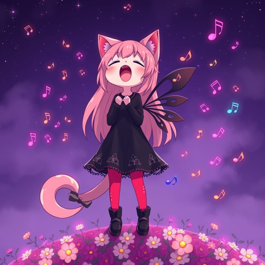 Synthwave Anime Catgirl Singing in Starry Night