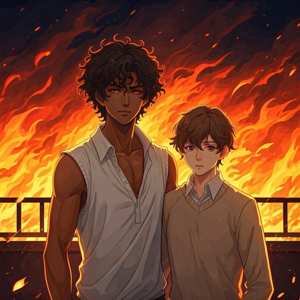Anime Boys Standing Against a Raging Fire