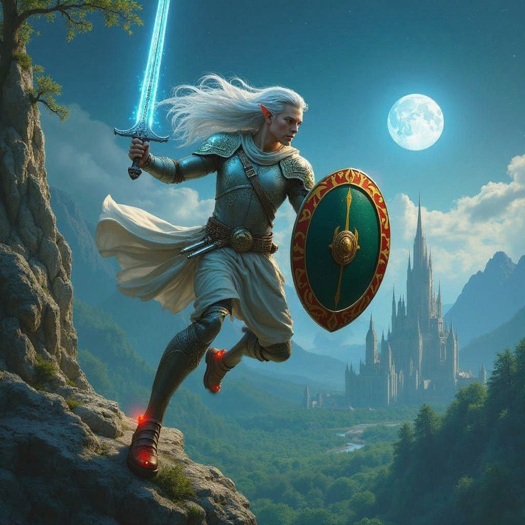 Elegant Elven Warrior Leaps Towards Dawn