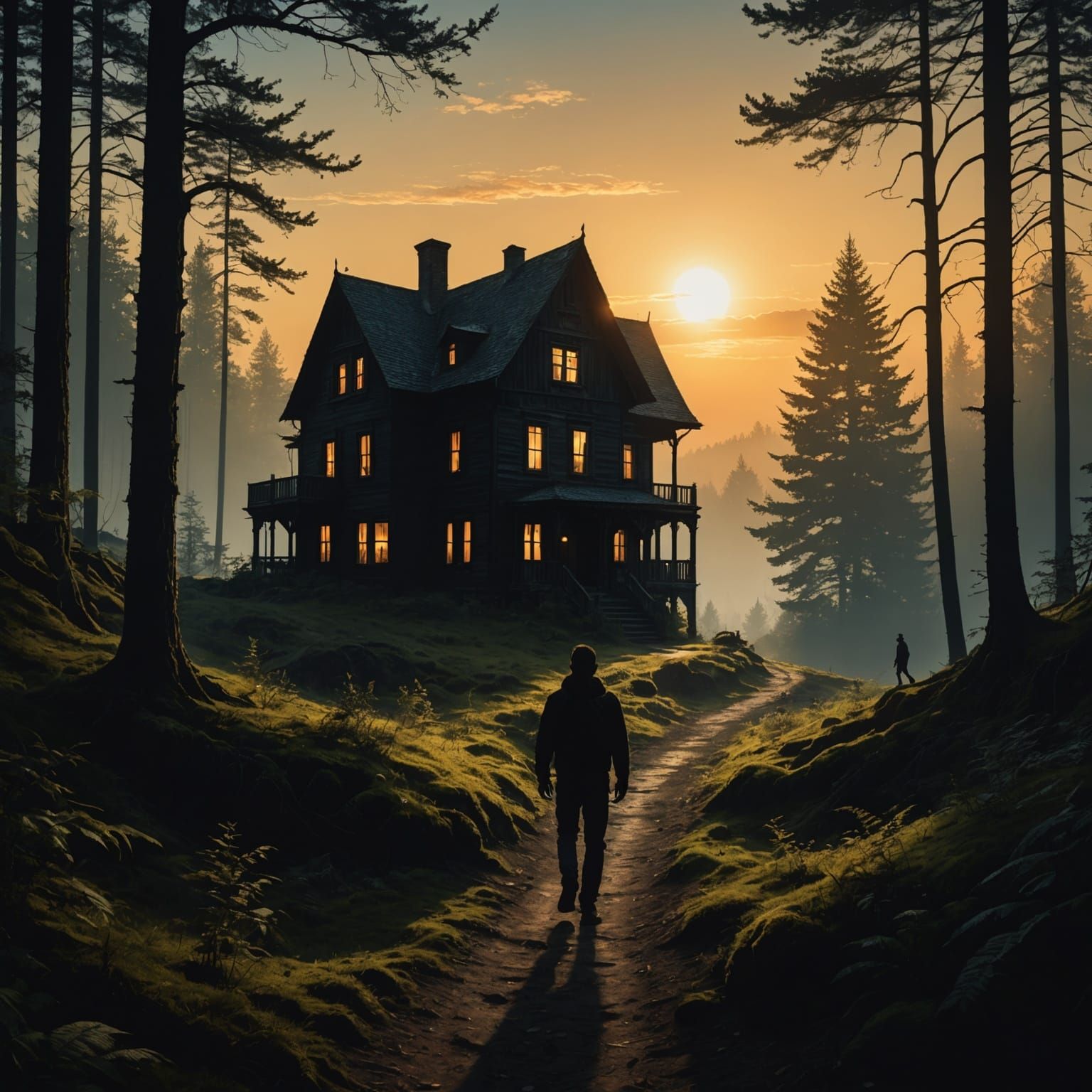 Silhouette Walking Forest Path at Sunrise: Digital Painting