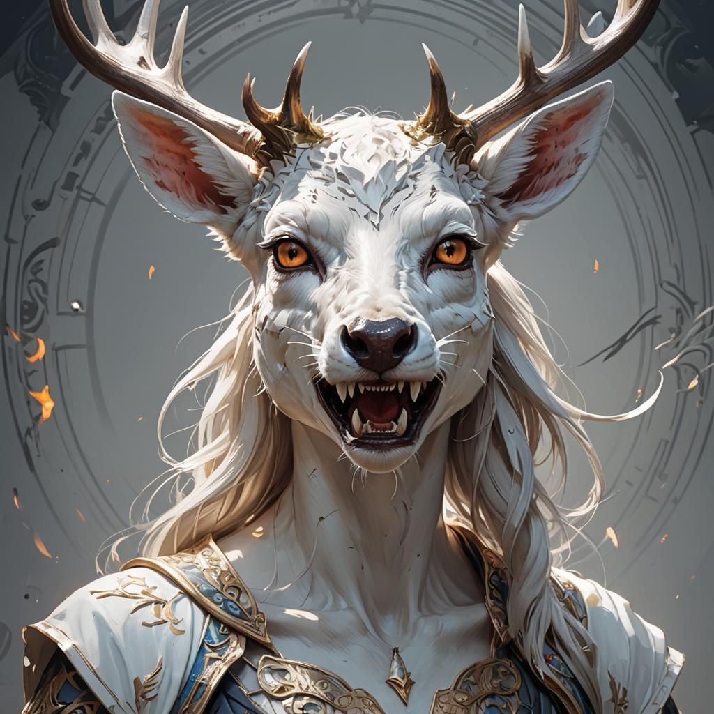 Fanged White Doe Portrait in Hyperdetailed Style