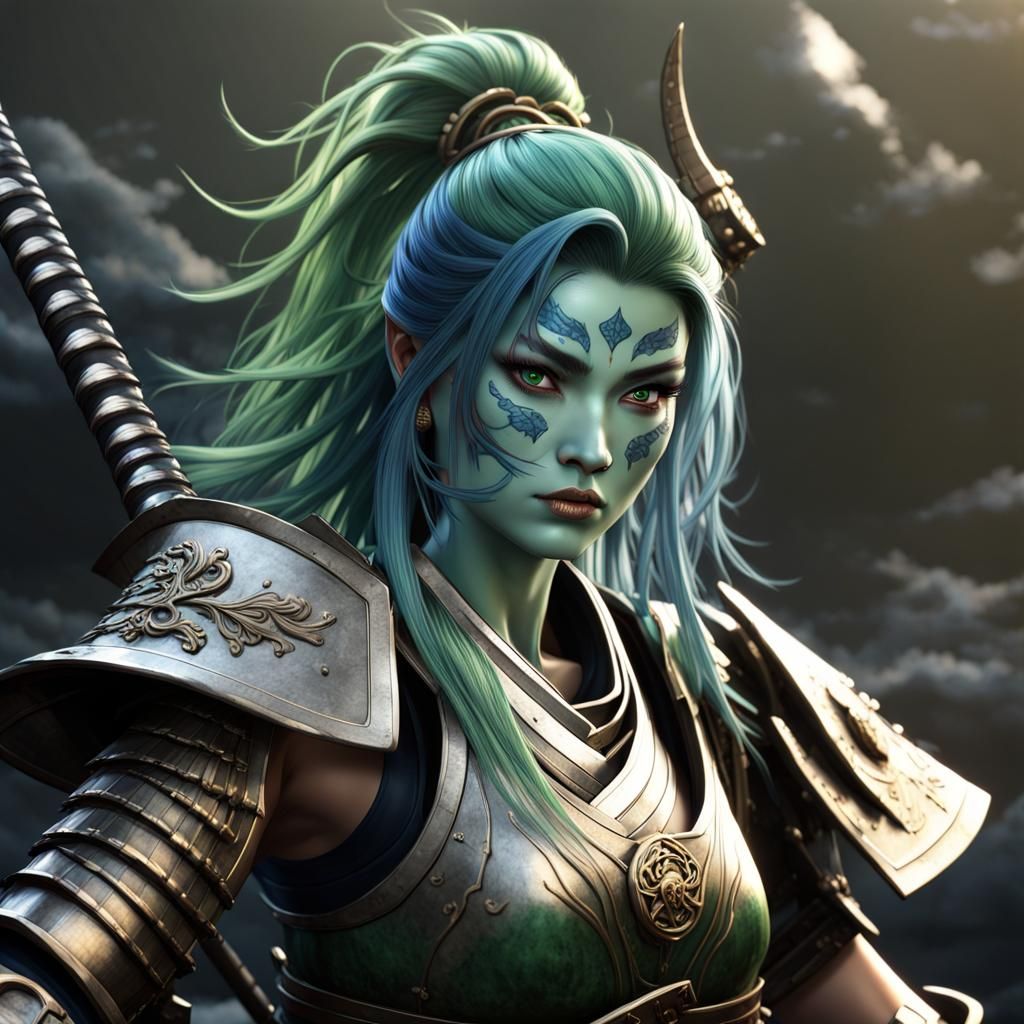 Female Triton Samurai in Shogun Armor, Fantasy Art
