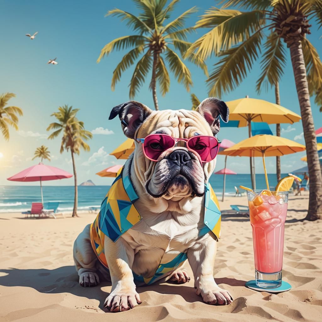 Bulldog with Sunglasses at the Beach in Pop Art Style