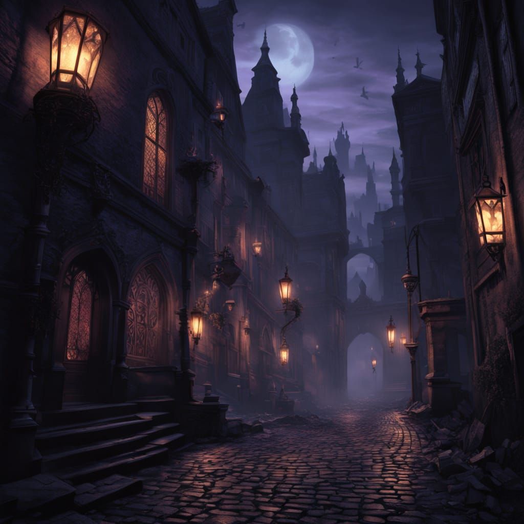 Gothic Alleyway Under Pale Moonlight