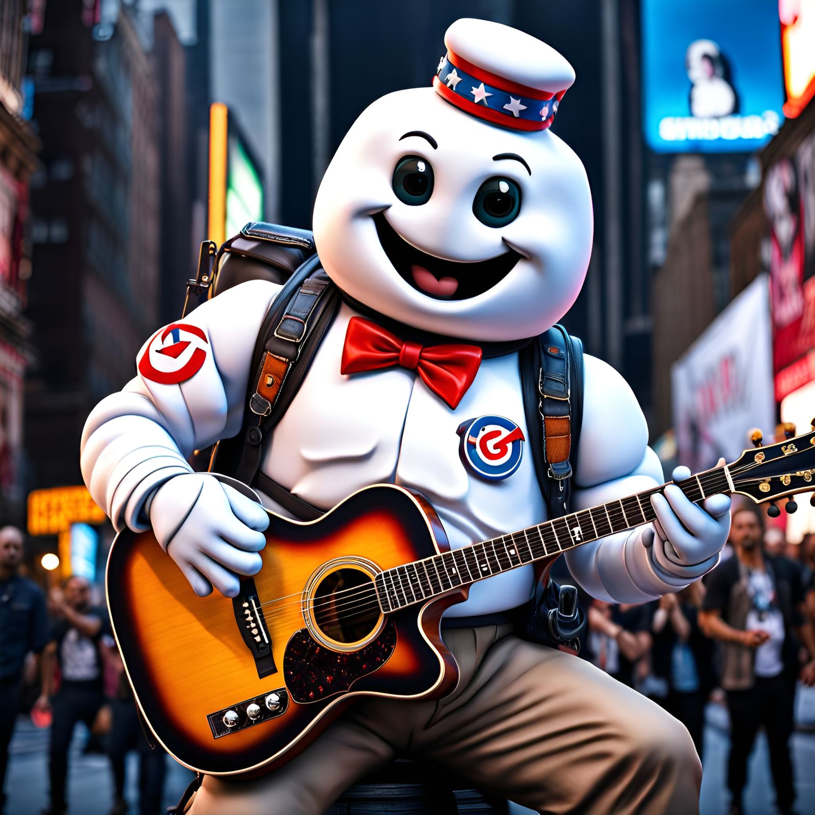Hyperrealistic Marshmallow Man Guitarist in Urban Setting