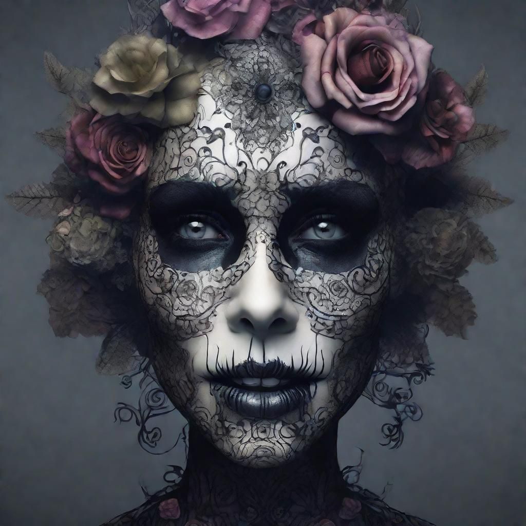 Gothic Portrait with Flowers and Skulls