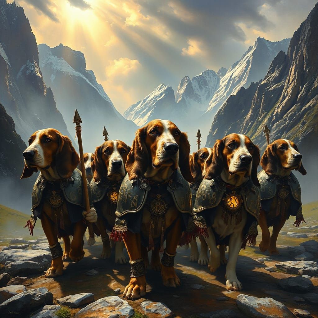 Basset Hounds as Guardians in Epic Fantasy Oil Painting