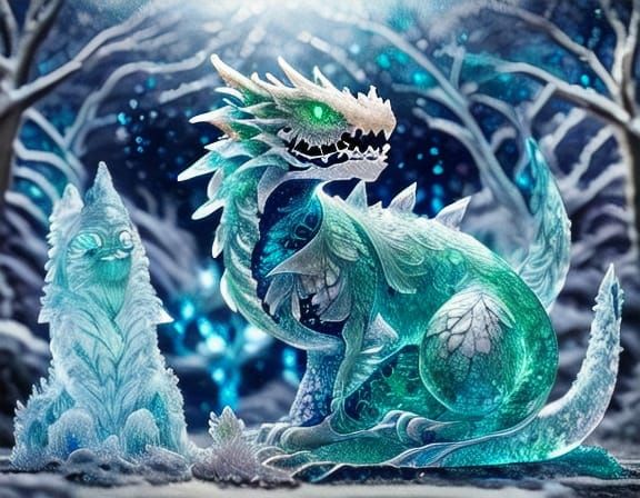 Crystal Dragon Statue Breathing Frost in Ancient Temple