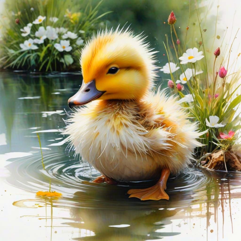 Playful Duckling in Sunlit Garden, Watercolour Style