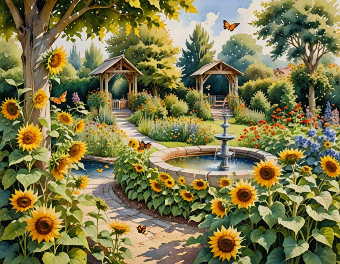 Vibrant Summer Garden in Watercolour Wash