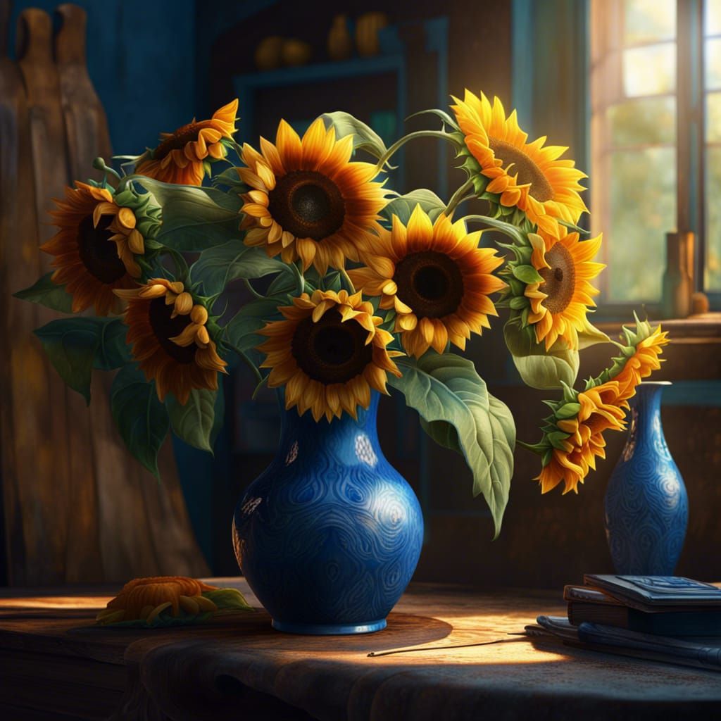 Sunflowers in Blue Vase: Detailed Matte Painting