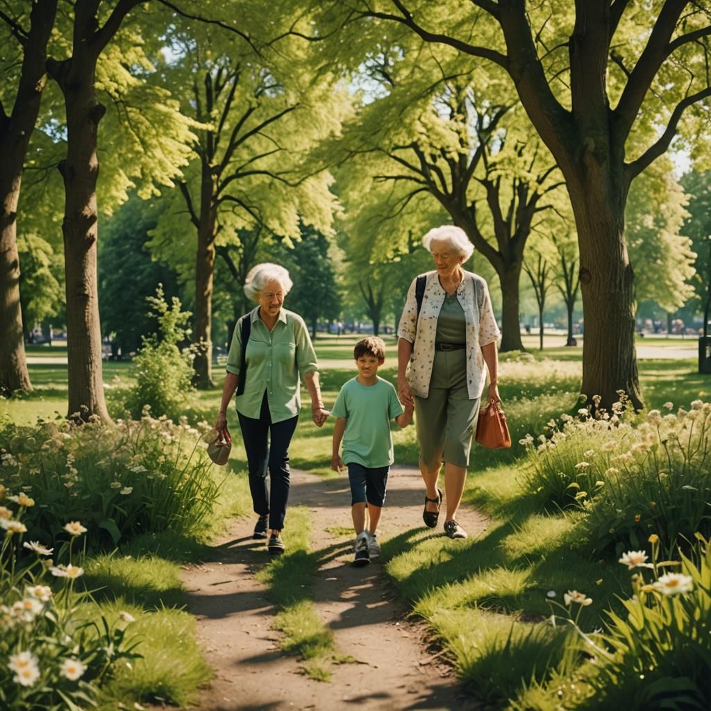 Grandmother and Grandchildren in Sunny Park