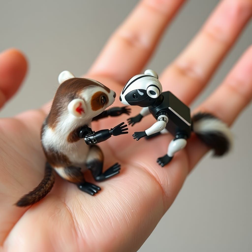 Robot Ferret Versus Skunk on Human Hand