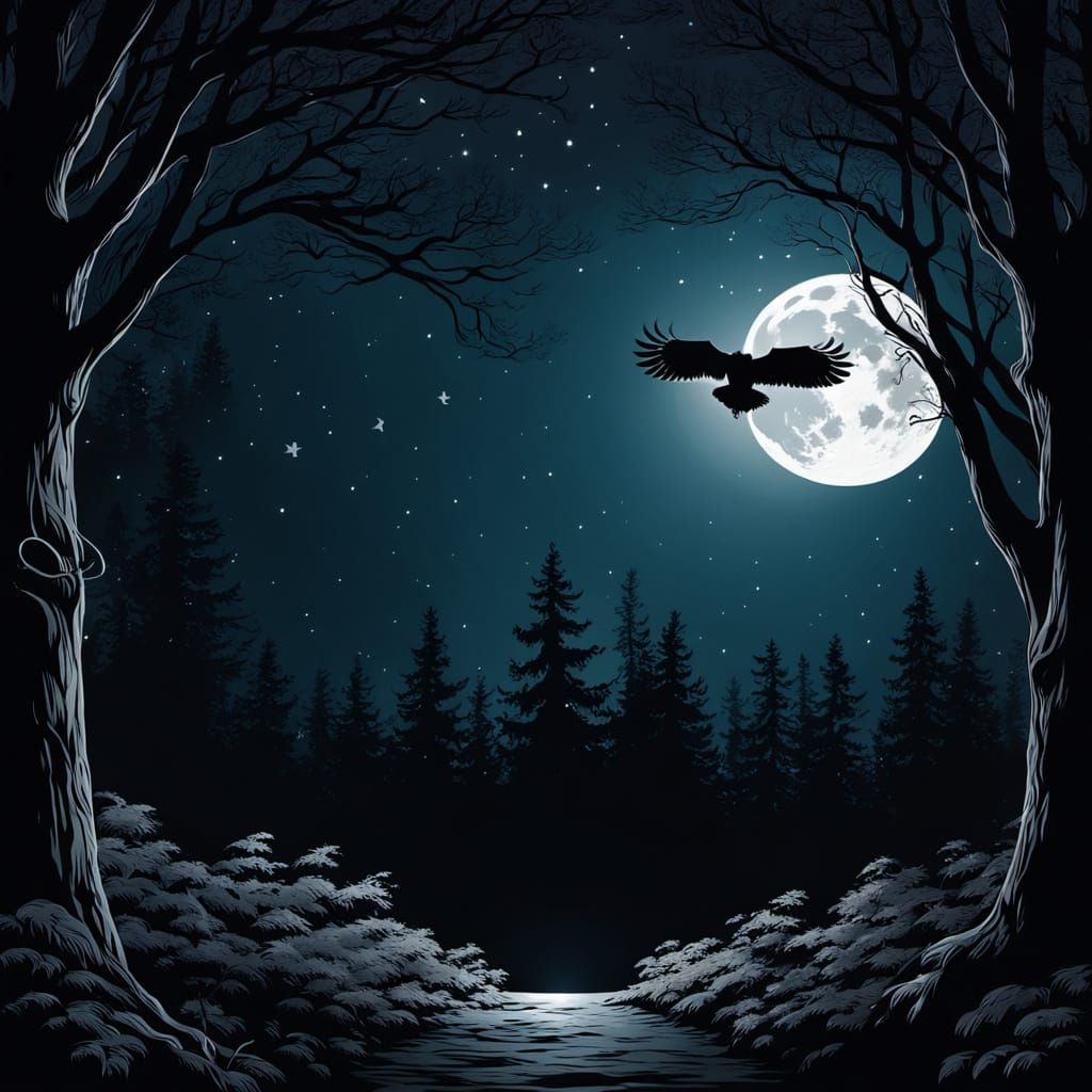 Owl Flying Silhouetted Against Moon in Forest