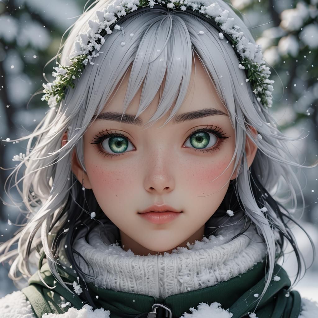 Anime Girl Portrait with Green Eyes in 3D