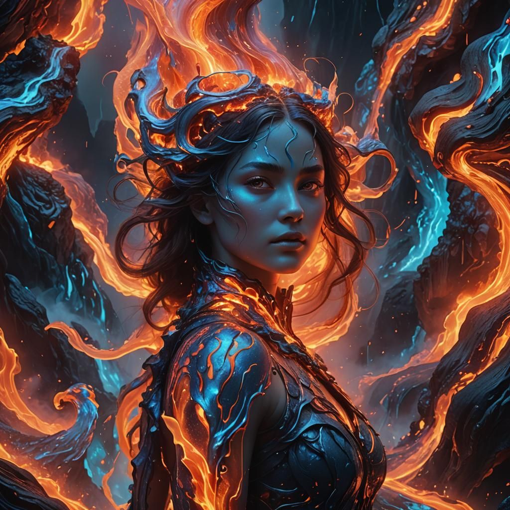 Ethereal Woman Merging with Lava: Digital Matte Painting