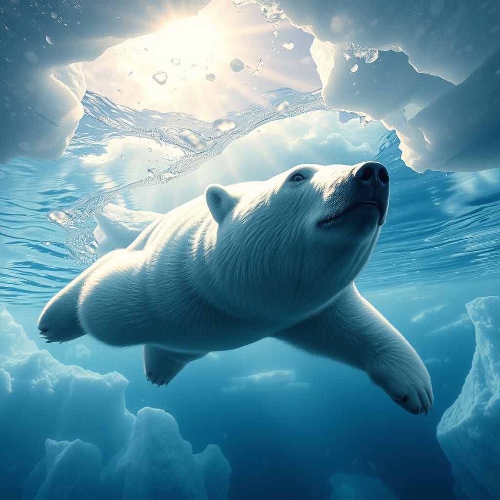 Hyperrealistic Polar Bear Under Arctic Ice