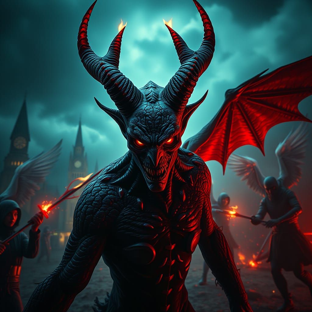 Demon Faces Angelic Warriors in Apocalyptic Battle