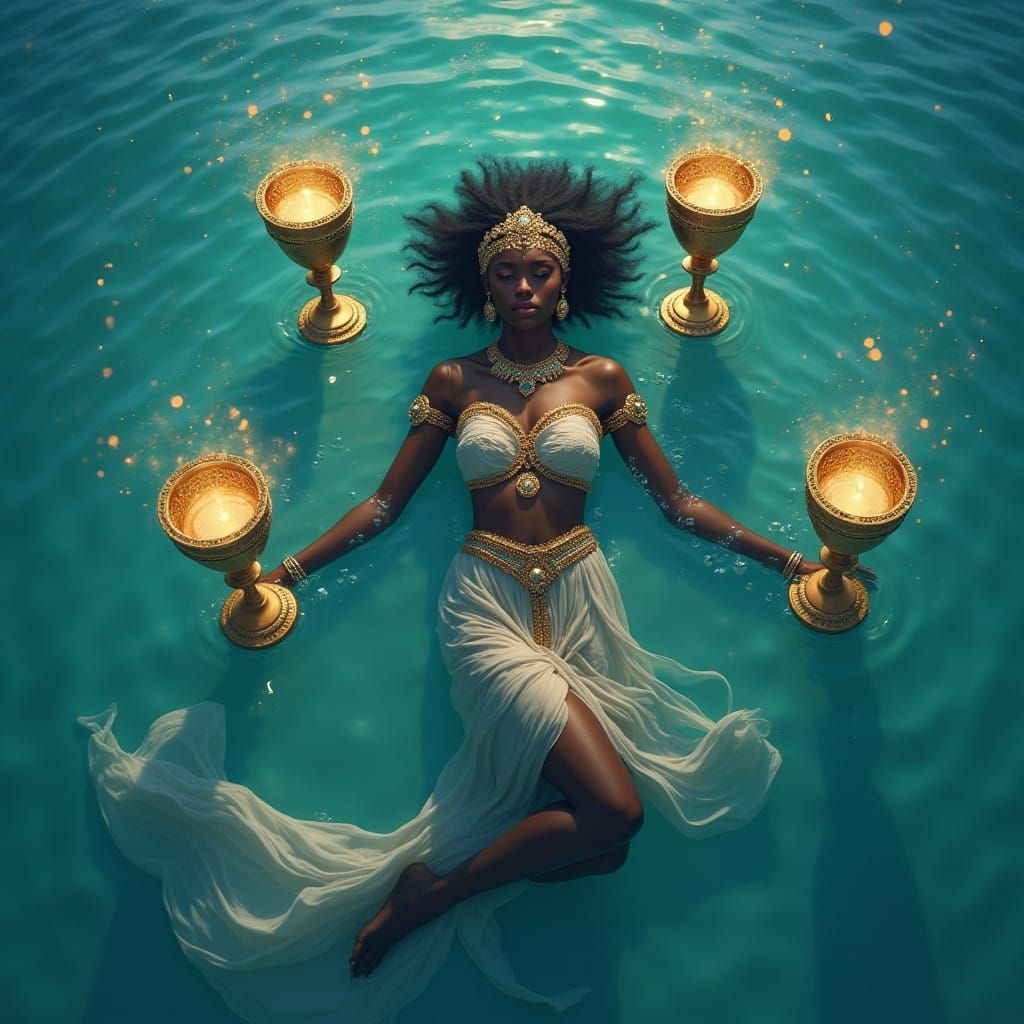 Serenely Floating Dark Skinned Goddess with Golden Chalices...