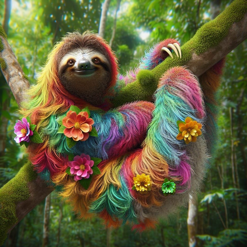 Vibrant Sloth in Lush Forest, Photorealistic Art
