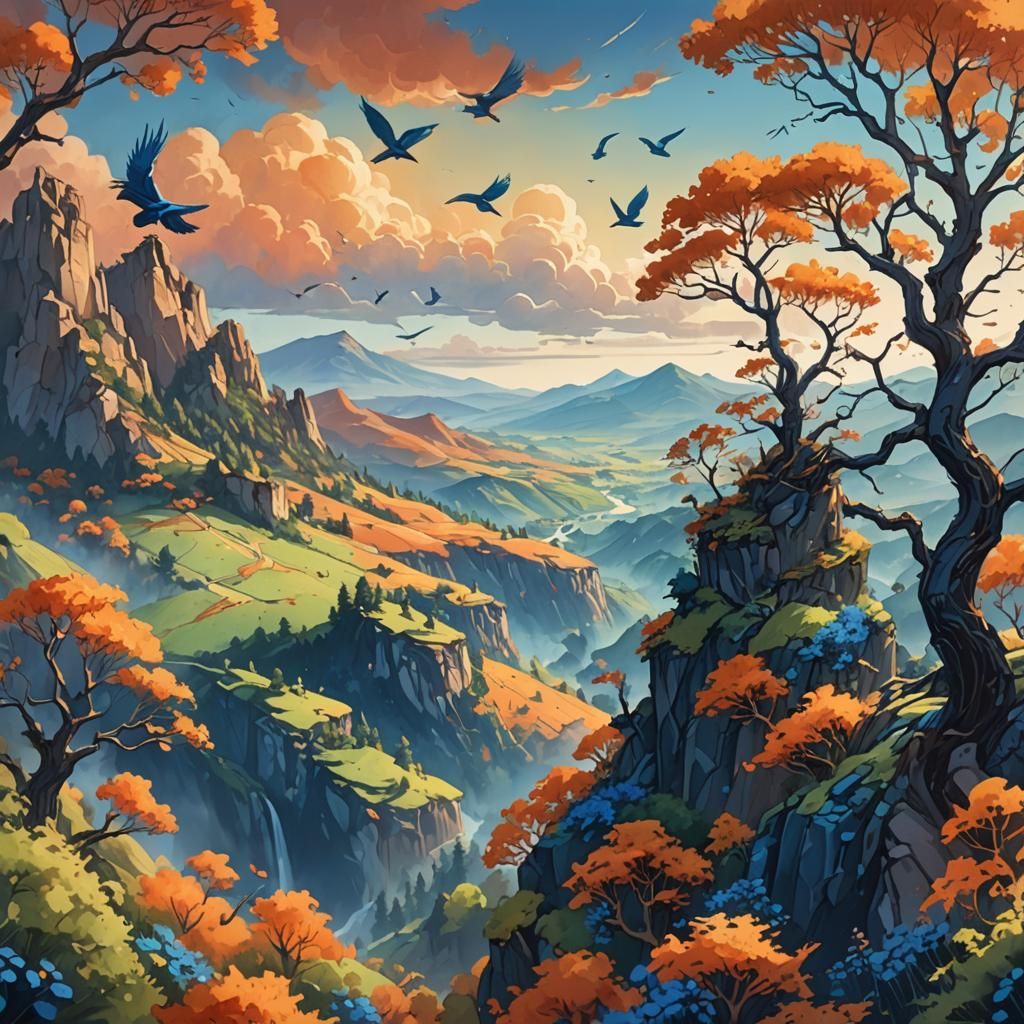 Fantasy Landscape with Birds in Gouache Watercolor