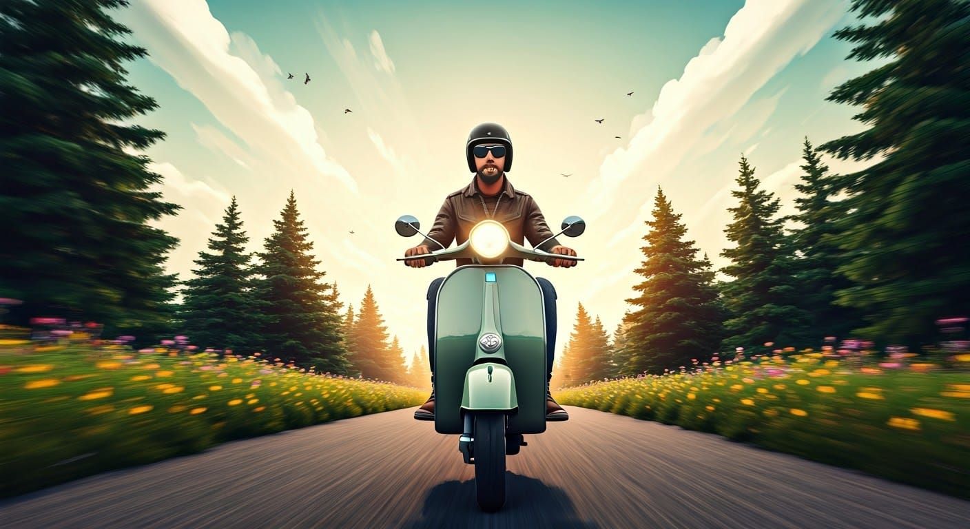 Vespa Rider Cruises Mountain Pass: 3D Render