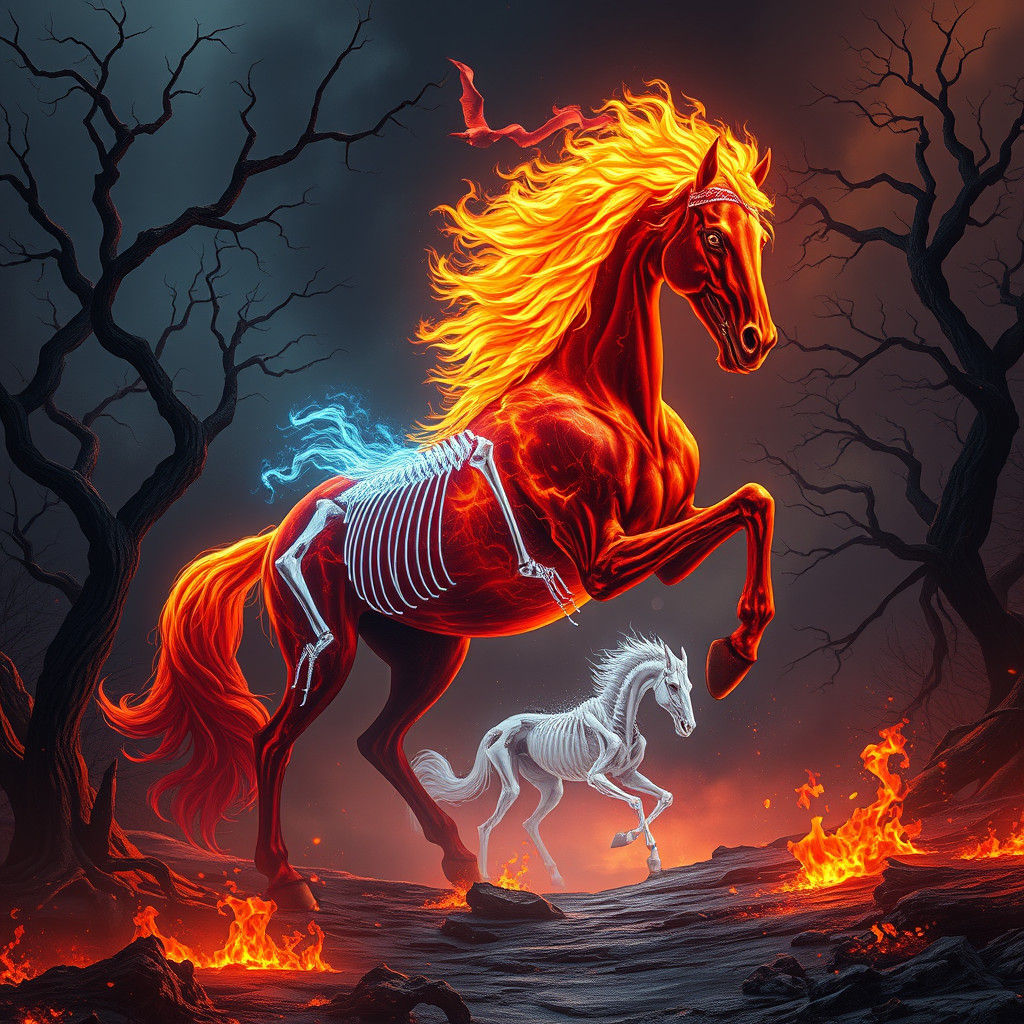 Fiery Horse and Skeletal Steed in Dark Fantasy Art