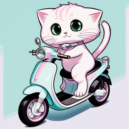 Chibi Cat Rides Tiny Scooter in Whimsical Line Art