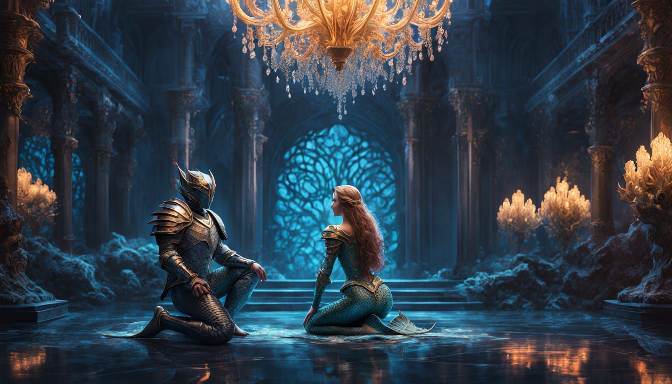 Mermaid Knight Before Sea Queen in Coral Hall