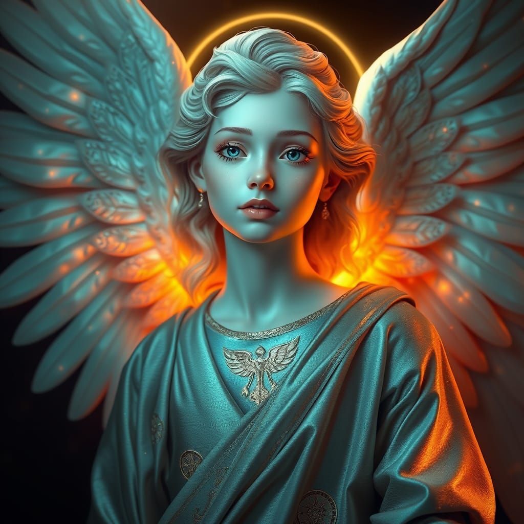 Angel in Lemurian Attire with Celestial Symbols