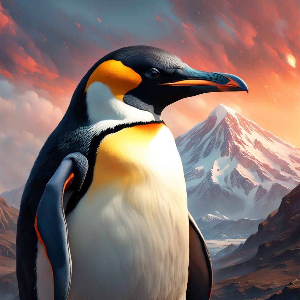 Penguin Portrait Before Erupting Volcano, Digital Art