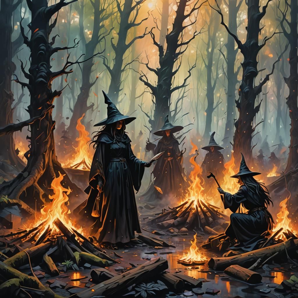 Witches Gathering in Forest: Graffiti Art Style