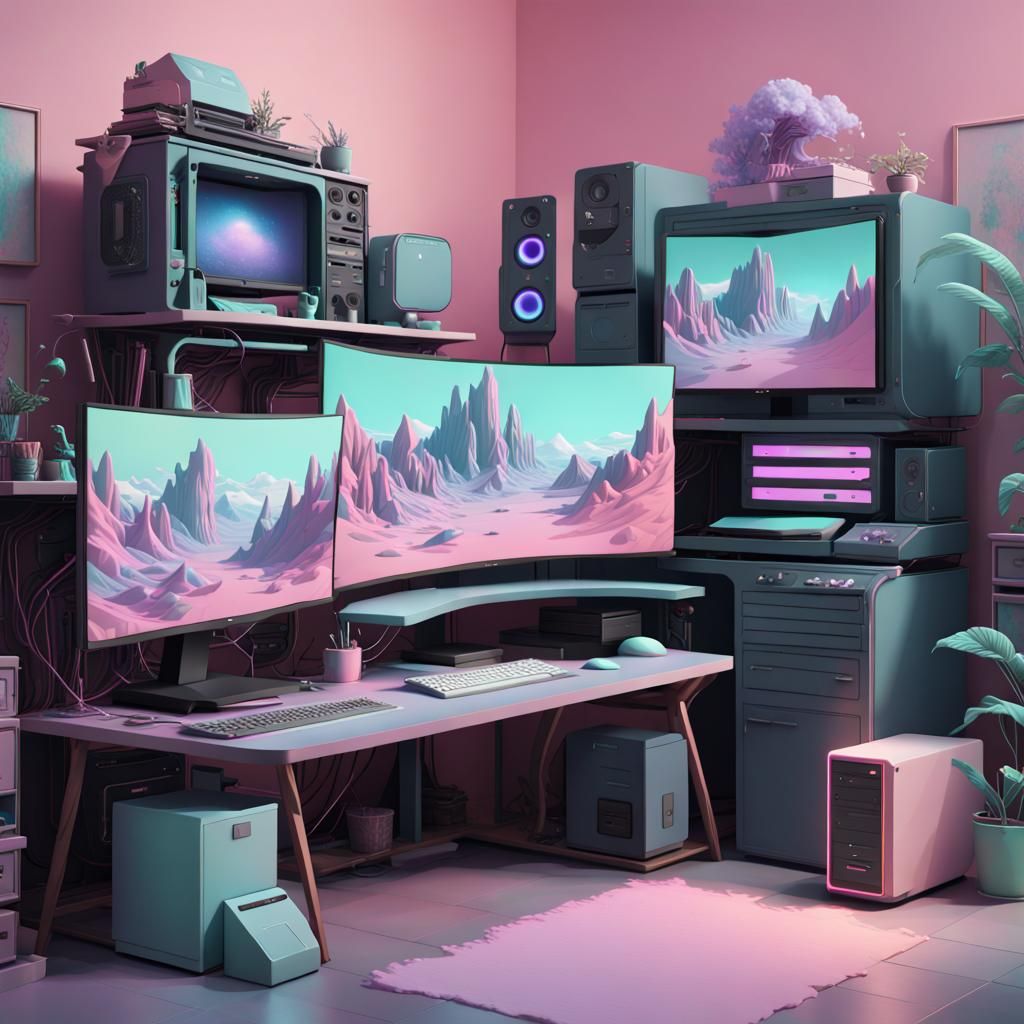 Pastel Computer Setup: Detailed Matte Painting