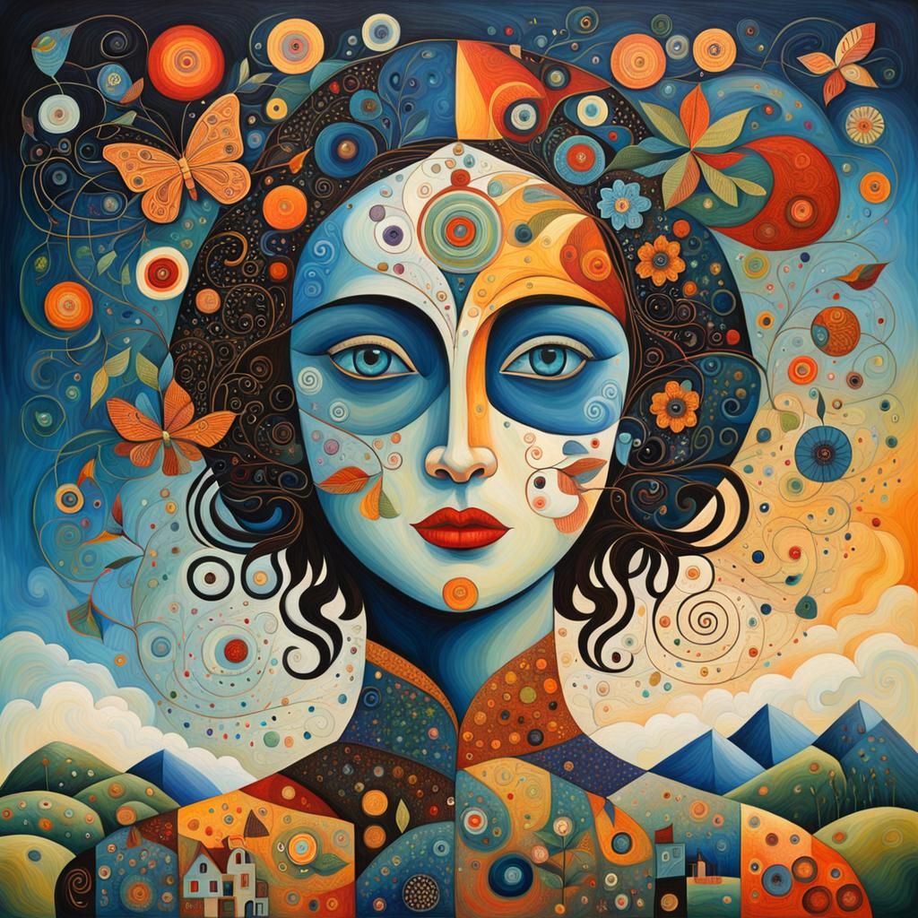 Folk Art with Isometric Abstract Elements