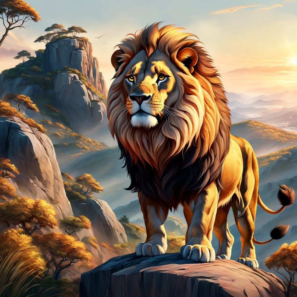 Golden Lion Dominates Rocky Outpost in Hyperrealistic Dawn L...