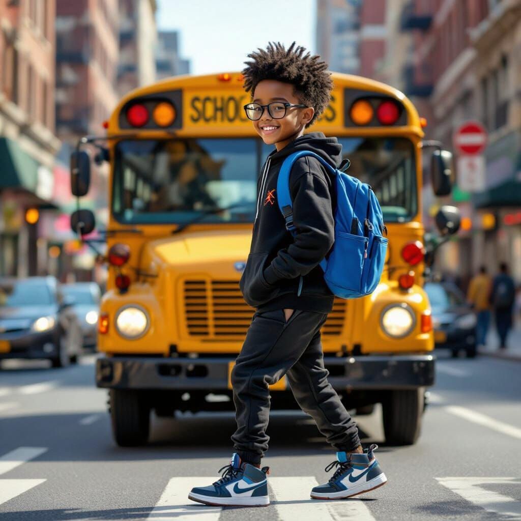Boy with Glasses Boards School Bus, Matte Painting